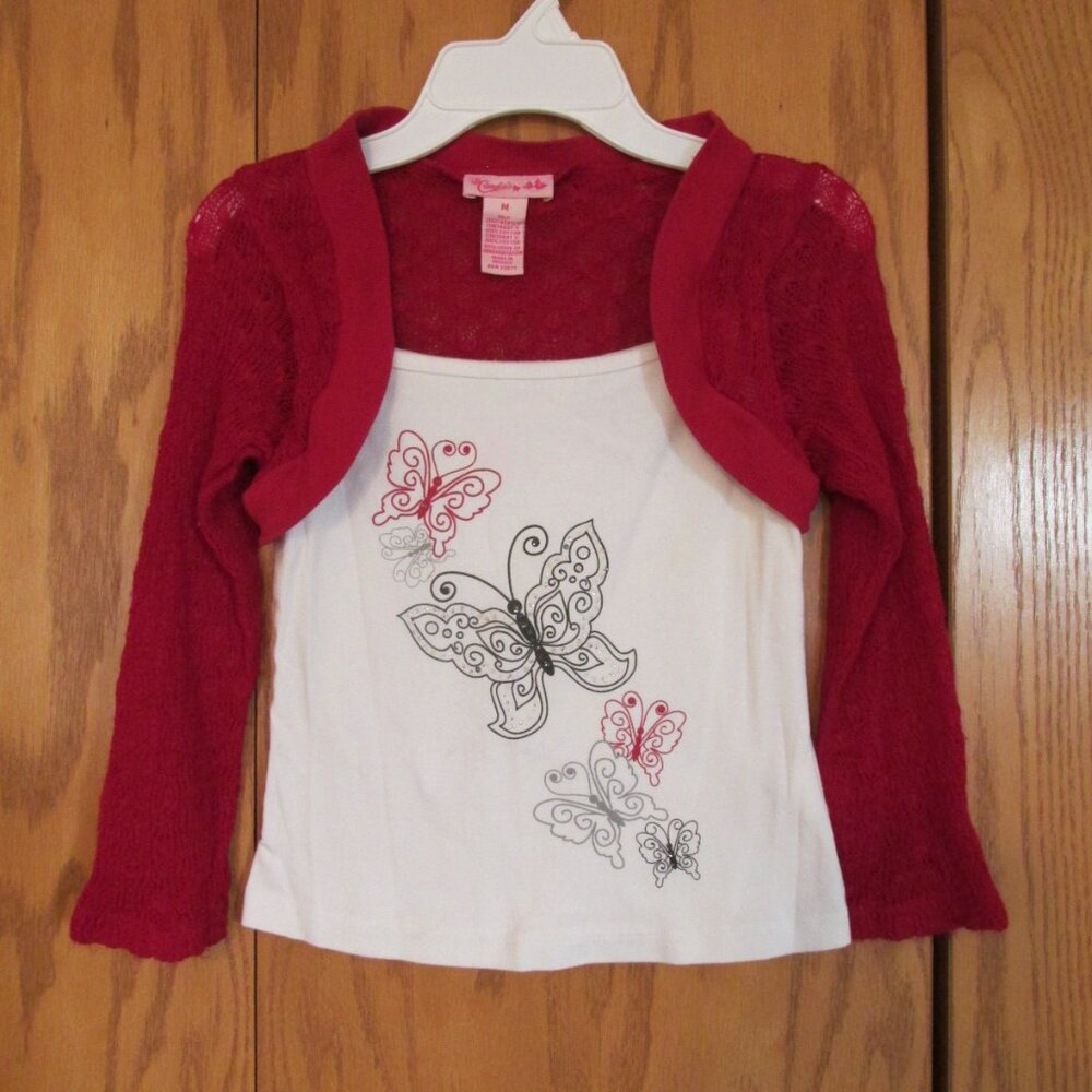 CANDIES WOMEN'S JUNIOR'S SZ M TOP RED, WHITE, BLACK, GRAY BUTTERFLIES MOCK LAYER